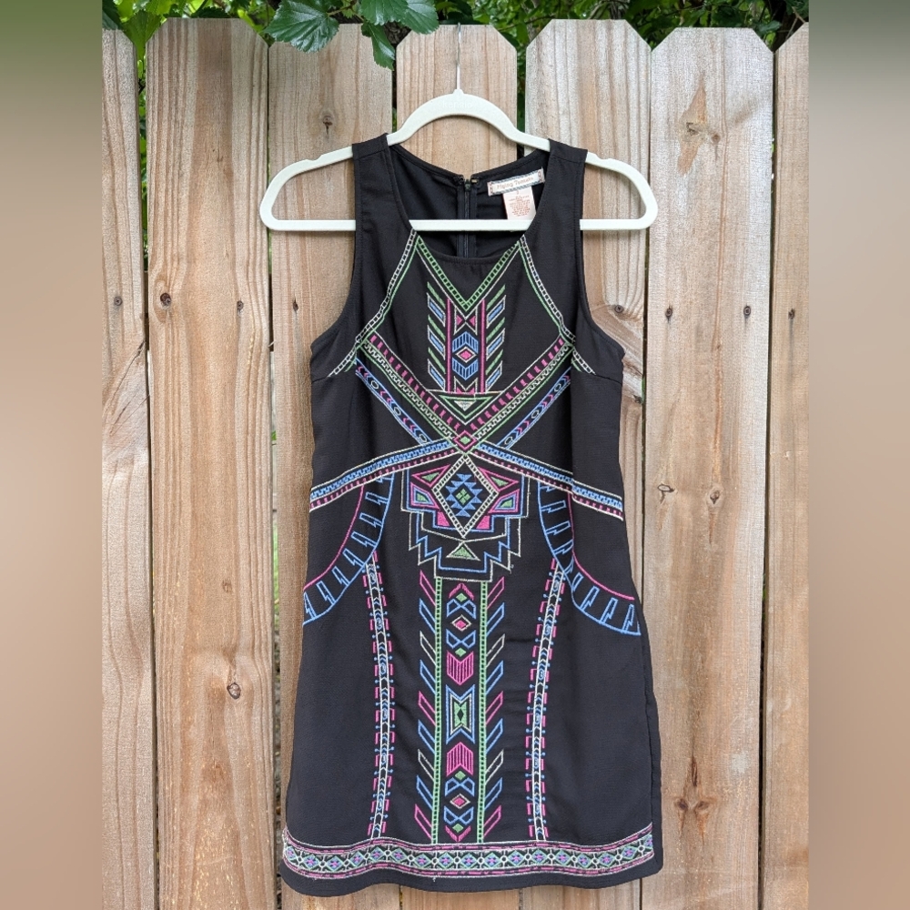 Flying Tomato Black Dress with Vibrant Geometric Design